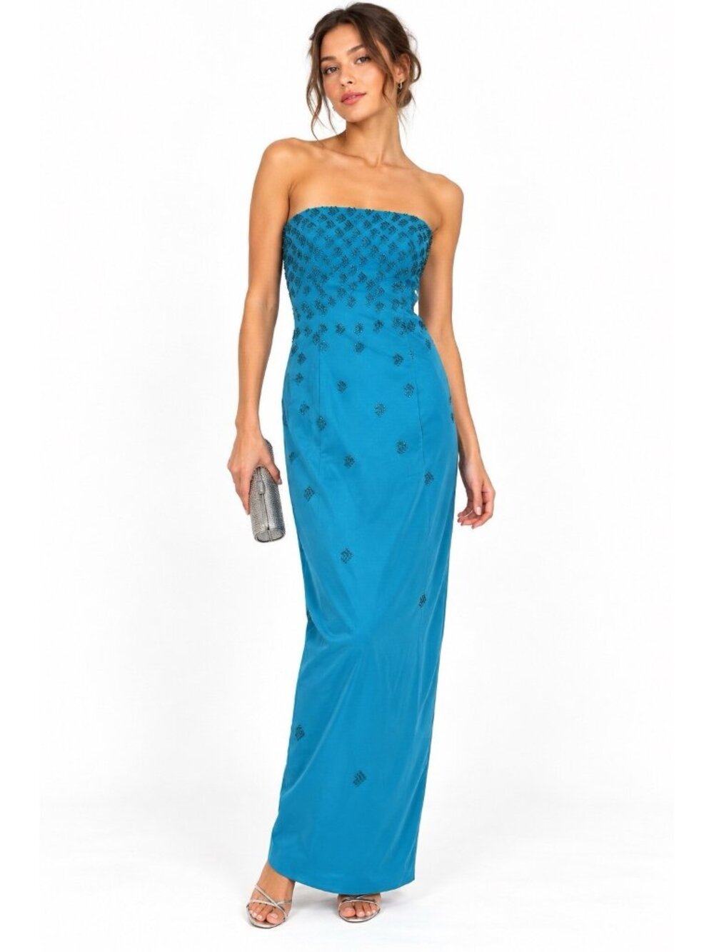 vintage 90s GILAR EVENING blue column dress SMALL strapless hoco beaded formal